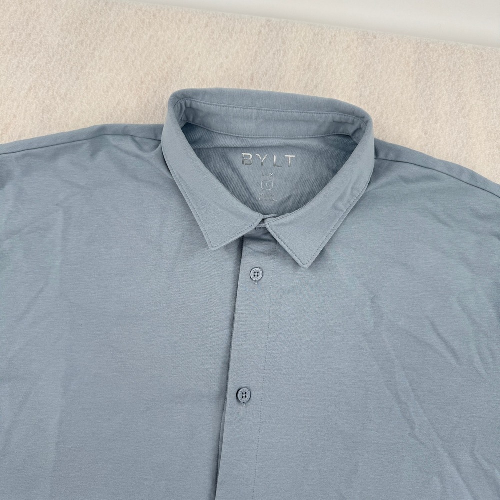 BYLT Basics Lux Short Sleeve Button Down Shirt Mens L Blue Minimalist Athleisure